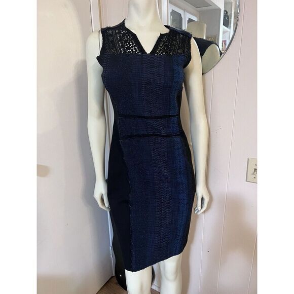 Elie Tahari Womens 4 Black Blue Weave Combo Sheath Dress With Lace Insets - Picture 1 of 6